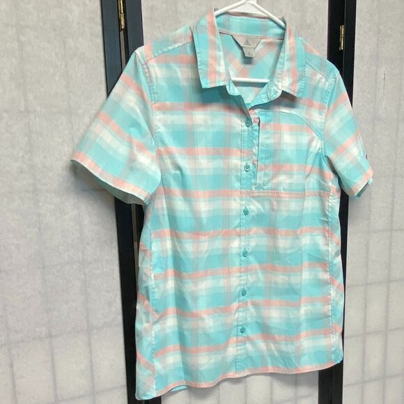 Ascend Short Sleeve Button Up Activewear Hike Camp Shirt Aqua Peach Plaid NWOT M - Picture 3 of 12